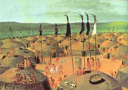 Painting of a Mandan village by George Catlin, c. 1832