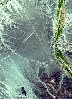 Satellite picture of an area containing lines: north is to the right (coordinates: 14°42′S 75°00′W / 14.7°S 75.°W)