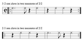 3-2 clave (Playⓘ) and 2-3 clave (Playⓘ) written in cut-time