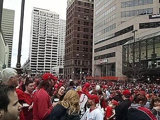 The Findlay Market Parade at Fountain Square in Downtown Cincinnati in 2015. The parade has been held annually since 1920 to celebrate Opening Day in Cincinnati.