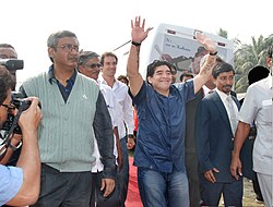 Maradona in Kolkata, India, in December 2008. Maradona laid the foundation stone for a football academy in the eastern suburbs of the city, and was greeted by over 100,000 fans in Salt Lake Stadium.[252]