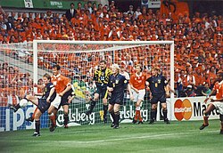 Cruyff (number 17) playing for the Netherlands against Scotland at Villa Park during Euro 96
