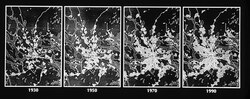 Evolution of Stockholm as a Transit Metropolis, 1930 to 1990, with urbanization following the Tunnelbana metro line, built in advance of demand to help guide regional growth; Source: R. Cervero, The Transit Metropolis, 1998