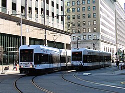 Two Hudson–Bergen Light Rail trains in Jersey City