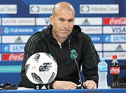 Zidane at a press conference during the 2017 FIFA Club World Cup. As head coach of Real Madrid he won the UEFA Champions League an unprecedented three times in a row.