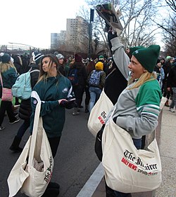 Copies of The Inquirer being sold at the Philadelphia Eagles' Super Bowl LII victory parade in 2018