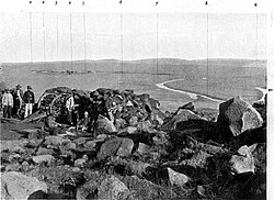 Battlefield of Colenso on Dec 15, 1899 just before the battle. 1: General Louis Botha's Commandos 2: Boksburg Commando3: Village of Colenso4: Krugersdorp Commando5: Wakkerstroom Commando6: Ermelo Commando7: Swaziland Police8: Ermelo Commando9: British Camp, Chievely10: Tugela River