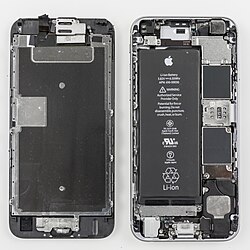 iPhone 6s's interior; the side on the left contains the display and the side on the right contains hardware and battery