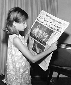The July 21, 1969, edition with the headline "'The Eagle Has Landed': Two Men Walk on the Moon", covering the Apollo 11 landing