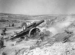 8-inch howitzers of the 39th Siege Battery, Royal Garrison Artillery conducting a bombardment in the Fricourt-Mametz Valley, August 1916, during the Battle of the Somme