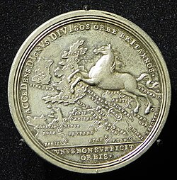 A 1714 silver medallion from the reign of George I, referring to his accession in Great Britain. The Saxon Steed runs from Hanover to Britain.
