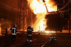 Fire at a power plant in Kharkiv after a Russian strike, September 2022