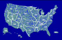The 21 top-level 2-digit "region" of hydrologic unit boundaries, using the HUC geocode conventions