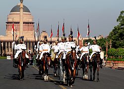 President's Bodyguard in summer ceremonial uniforms in Rashtrapati Bhavan courtyard during changing of the guard