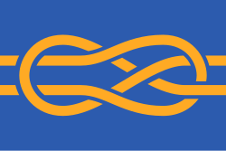 A blue flag depicting a knot tied in yellow.