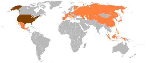 Ford made seven international trips to eighteen different countries during his presidency.[136]