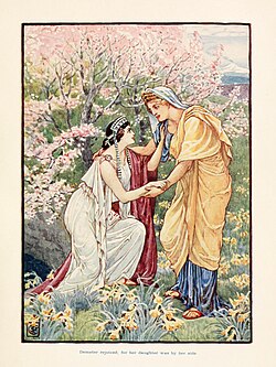 Demeter and Persephone surrounded by daffodils - "Demeter rejoiced, for her daughter was by her side"