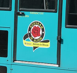 An emblem on the side of an Arriva bus, celebrating Horsham's 2007 victory in the Small City/Large Town category