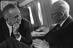 President Lyndon Johnson with Eisenhower aboard Air Force One in October 1965