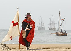 Reenactment of John Smith at Cape Henry, Virginia, on the 400th anniversary of the original landing.