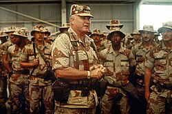 Schwarzkopf speaks with troops supporting Operation Desert Shield in 1991