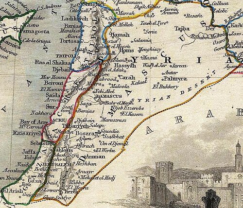 Map of the Levant under Ottoman rule in 1851, showing the eyalets of Tripoli, Damascus, Acre and Gaza. The territory of all four provinces approximately formed the Syria Vilayet in 1865, with the exception of Mount Lebanon. Rashid Pasha was governor of Syria in 1866–1871