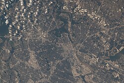 Dallas on July 1, 2022, with north oriented down and to the left. Taken during Expedition 67 of the International Space Station.