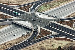 Single-point urban interchange along Interstate 84 in Meridian, Idaho, showing the single multi-phase traffic signal43°35′36.5″N 116°23′37.4″W / 43.593472°N 116.393722°W