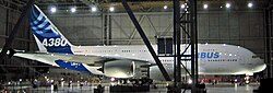 The first completed Airbus A380 at the "A380 Reveal" event on 18 January 2005 in Toulouse, home base of the European aerospace industry.