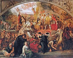 The Plays of William Shakespeare, a painting containing scenes and characters from several plays of Shakespeare; by Sir John Gilbert, c. 1849
