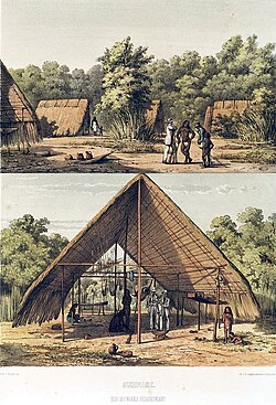 An artistic depiction of a Lokono village in Suriname, 1860.