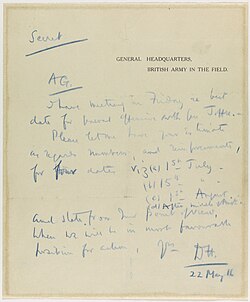 Memorandum from Haig to the army's adjutant general, Lieutenant General Sir Nevil Macready, asking his opinion on possible dates for launching the Somme offensive, 22 May 1916