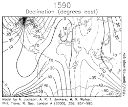 Estimated declination contours by year, 1590 to 1990 (click to see variation)