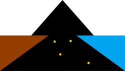 The Tehuelche flag: The blue of the sea, the brown of the mountains, the black arrow pointing north and the Southern Cross.[47]