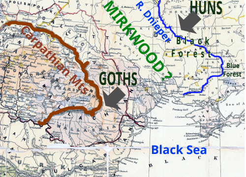 Shippey discusses the possible location of the original Mirkwood, a term reused by Tolkien, in the 4th-century Goth-Hun borderlands between the Carpathian Mountains and the River Dnieper, their mentions in legend analysed and reconstructed by philology.