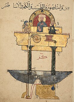 A Blood-Measuring Device: folio from a manuscript of The Book of Knowledge of Ingenious Mechanical Devices (Kitab al-hiyal al-nafisa) of Al-Jazari (1136–1206). Edition created for an amir of Mamluk Sultan Al-Nasir Muhammad in Cairo in 1354.[243]