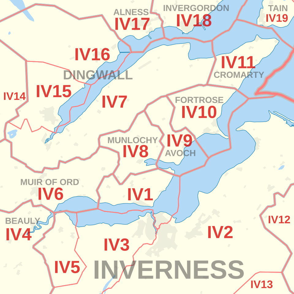 Detailed map of postcode districts and post towns in and around Inverness