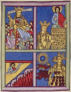 The Church and Mother of the Faithful in Baptism. Illustration to Scivias II.3, fol. 51r from the 20th-century facsimile of the Rupertsberg manuscript, c. 1165–1180.