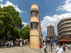 Old Kunming quarter, containing the narrow and curved Sister Buildings (姊妹楼) behind the Victory Monument on Guanghua Jie, located across the street to the north of the old Bird and Flower Market