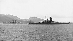 IJN Yamato-class Battleships Yamato and Musashi moored in Truk Lagoon, in 1943