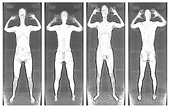 X-ray backscatter technology (AIT) machine used by the Transportation Security Administration (TSA) to screen passengers. According to the TSA, this is what the remote TSA agent would see on their screen.