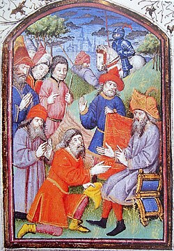 Hethum I (seated) in the Mongol court of Karakorum, "receiving the homage of the Mongols".[26] Miniature from "Histoire des Tartars", Hayton of Corycus, 1307.