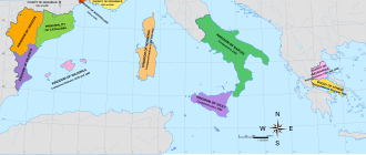 Diachronic map of the realms of the Crown of Aragon, including the Principality of Catalonia in light green