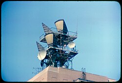 Multiple antennas of a microwave radio relay tower in Massachusetts