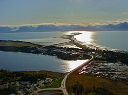 Homer, showing (from bottom to top) the edge of downtown, its airport and the Spit