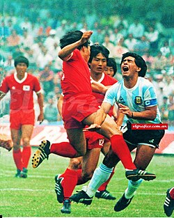 South Korean players marking Diego Maradona at the 1986 FIFA World Cup