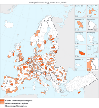 Map of metropolitan regions by Eurostat in 2021