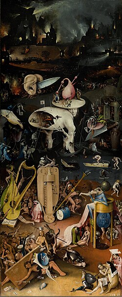 The hell panel from The Garden of Earthly Delights. It is alleged that Bosch's self-portrait is in the upper centre at right under the "table".