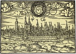 Woodcut showing the town in the year 1585 as viewed from the west