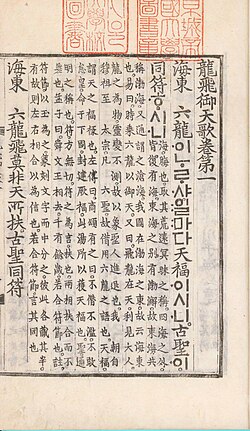 On this page of Yongbiŏch'ŏn'ga, both kuduchŏm punctuation (small hollow circles) and tone markings (dots to left of characters) are in use with Hangul